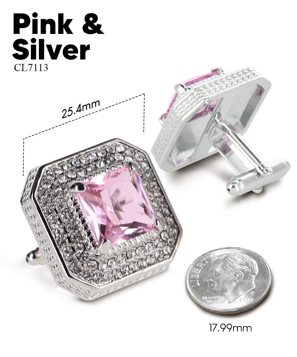 Vittorio Vico Men's Large Square Colorstone Crystal Diamond Set Cufflinks: CL71XX Series - Pink and Silver - Cufflinks - Vittorio Vico