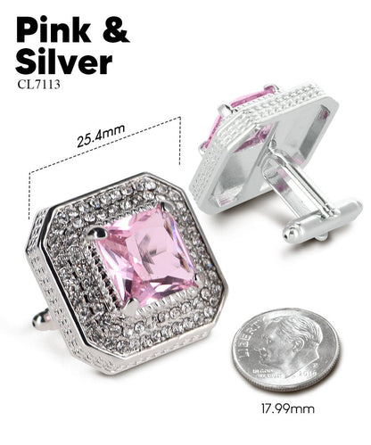 Vittorio Vico Men's Large Square Colorstone Crystal Diamond Set Cufflinks: CL71XX Series - Pink and Silver - Cufflinks - Vittorio Vico