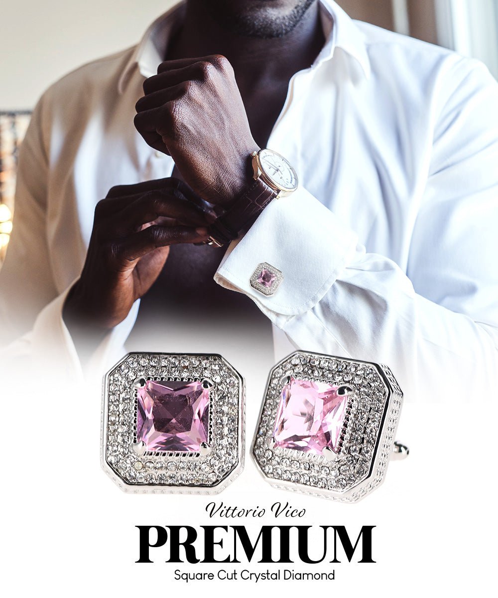 Vittorio Vico Men's Large Square Colorstone Crystal Diamond Set Cufflinks: CL71XX Series - Pink and Silver - Cufflinks - Vittorio Vico