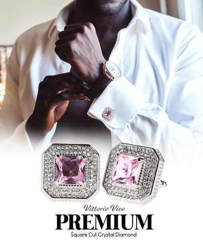 Vittorio Vico Men's Large Square Colorstone Crystal Diamond Set Cufflinks: CL71XX Series - Pink and Silver - Cufflinks - Vittorio Vico