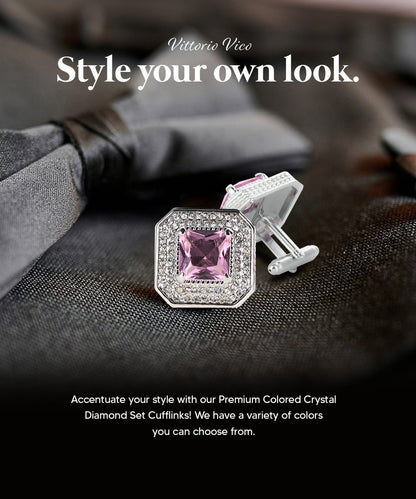 Vittorio Vico Men's Large Square Colorstone Crystal Diamond Set Cufflinks: CL71XX Series - Pink and Silver - Cufflinks - Vittorio Vico