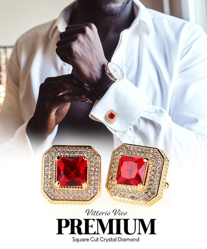 Vittorio Vico Men's Large Square Colorstone Crystal Diamond Set Cufflinks: CL71XX Series - Red and Gold - Cufflinks - Vittorio Vico