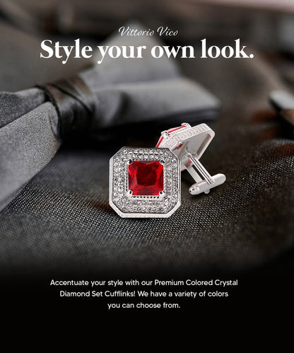 Vittorio Vico Men's Large Square Colorstone Crystal Diamond Set Cufflinks: CL71XX Series - Red and Silver - Cufflinks - Vittorio Vico