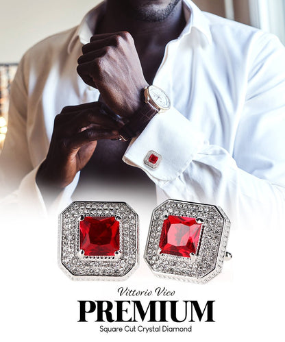 Vittorio Vico Men's Large Square Colorstone Crystal Diamond Set Cufflinks: CL71XX Series - Red and Silver - Cufflinks - Vittorio Vico