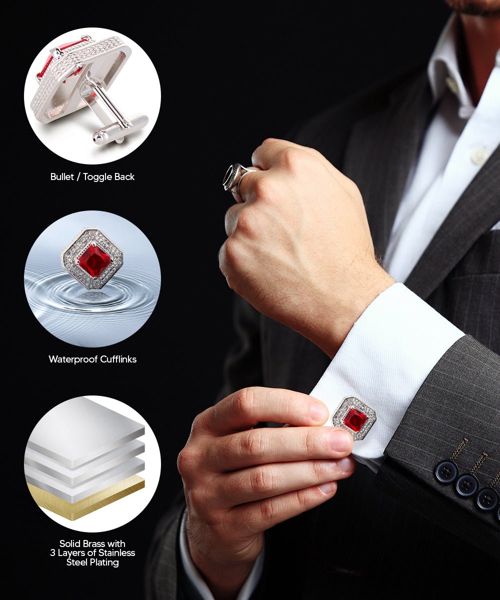 Vittorio Vico Men's Large Square Colorstone Crystal Diamond Set Cufflinks: CL71XX Series - Red and Silver - Cufflinks - Vittorio Vico