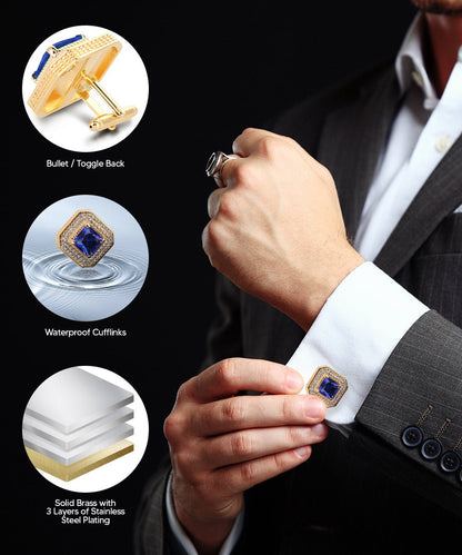 Vittorio Vico Men's Large Square Colorstone Crystal Diamond Set Cufflinks: CL71XX Series - Royal Blue and Gold - Cufflinks - Vittorio Vico