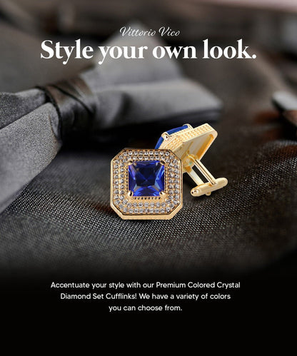 Vittorio Vico Men's Large Square Colorstone Crystal Diamond Set Cufflinks: CL71XX Series - Royal Blue and Gold - Cufflinks - Vittorio Vico