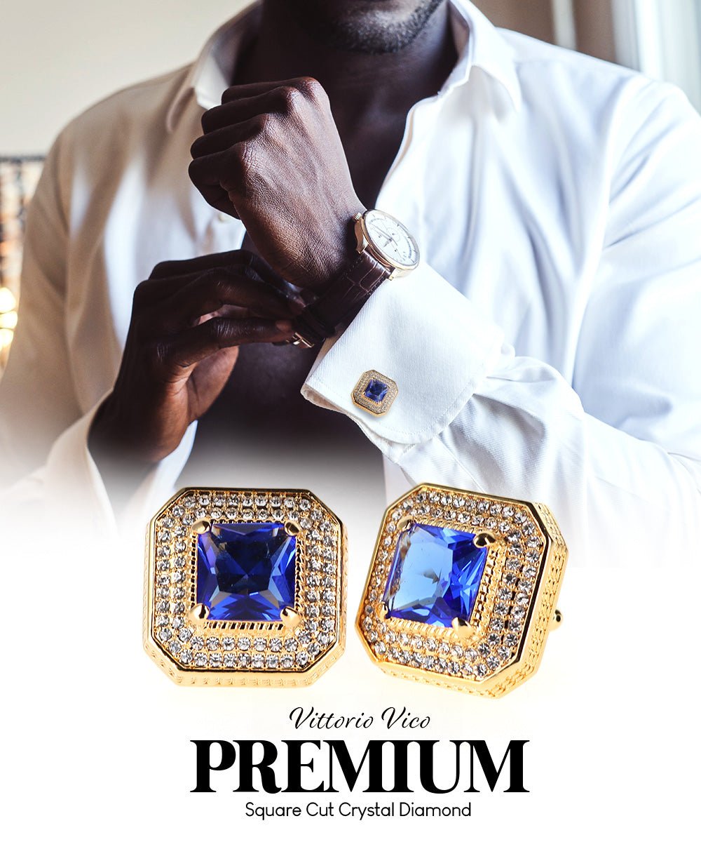 Vittorio Vico Men's Large Square Colorstone Crystal Diamond Set Cufflinks: CL71XX Series - Royal Blue and Gold - Cufflinks - Vittorio Vico