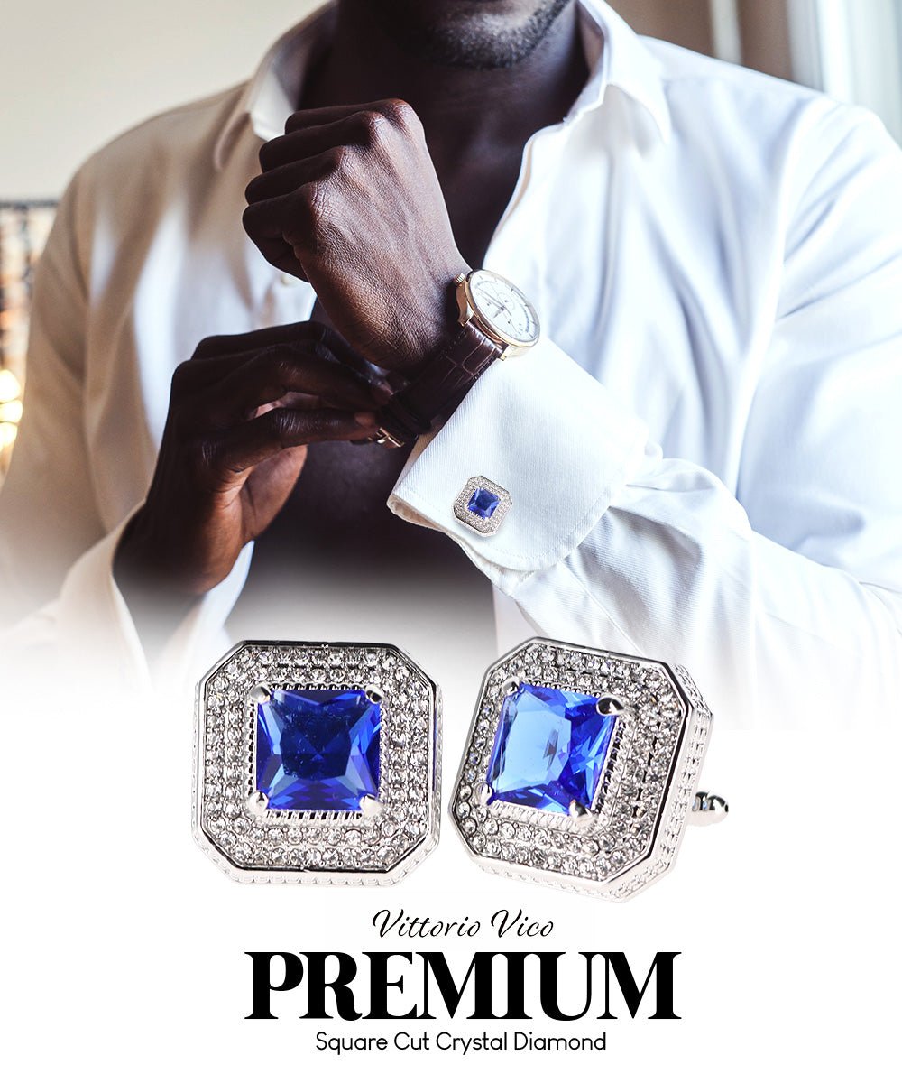 Vittorio Vico Men's Large Square Colorstone Crystal Diamond Set Cufflinks: CL71XX Series - Royal Blue and Silver - Cufflinks - Vittorio Vico