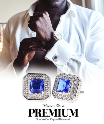 Vittorio Vico Men's Large Square Colorstone Crystal Diamond Set Cufflinks: CL71XX Series - Royal Blue and Silver - Cufflinks - Vittorio Vico