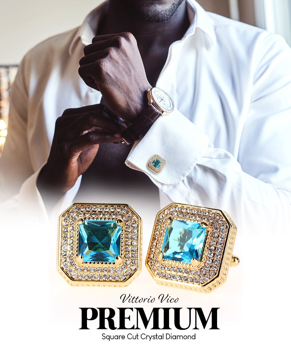 Vittorio Vico Men's Large Square Colorstone Crystal Diamond Set Cufflinks: CL71XX Series - Turquoise and Gold - Cufflinks - Vittorio Vico