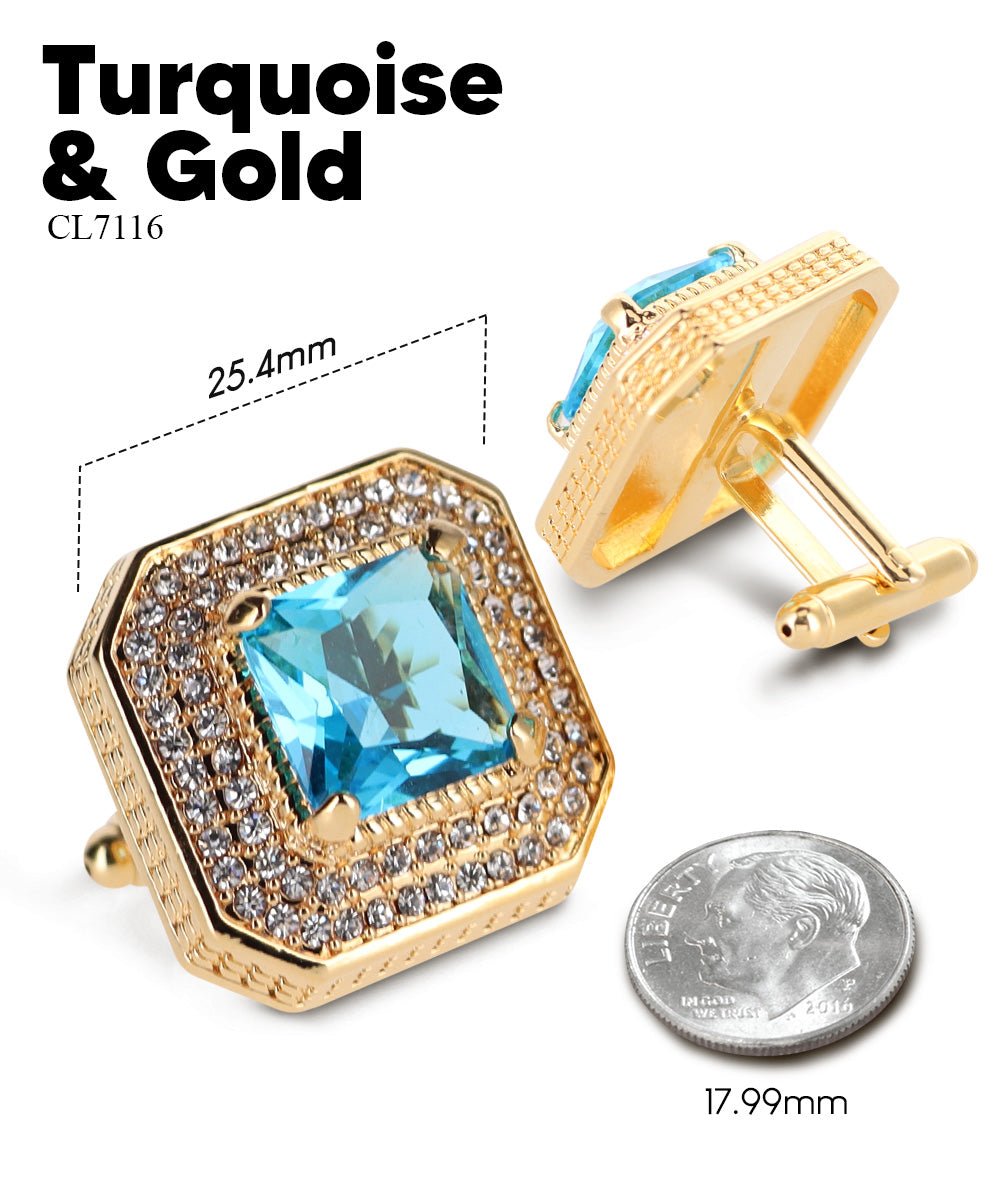 Vittorio Vico Men's Large Square Colorstone Crystal Diamond Set Cufflinks: CL71XX Series - Turquoise and Gold - Cufflinks - Vittorio Vico