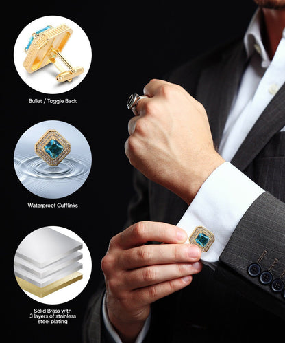 Vittorio Vico Men's Large Square Colorstone Crystal Diamond Set Cufflinks: CL71XX Series - Turquoise and Gold - Cufflinks - Vittorio Vico