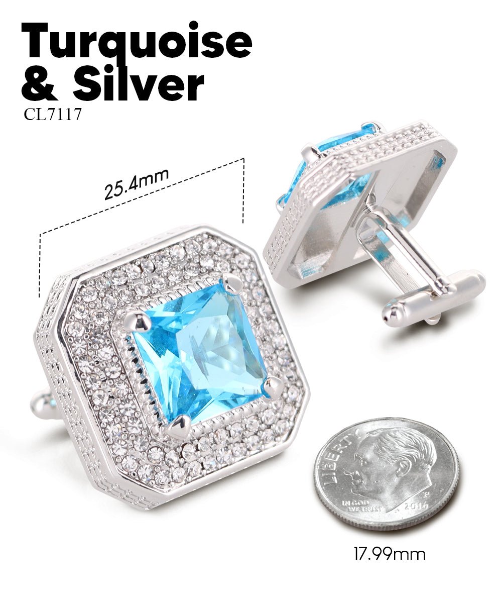 Vittorio Vico Men's Large Square Colorstone Crystal Diamond Set Cufflinks: CL71XX Series - Turquoise and Silver - Cufflinks - Vittorio Vico