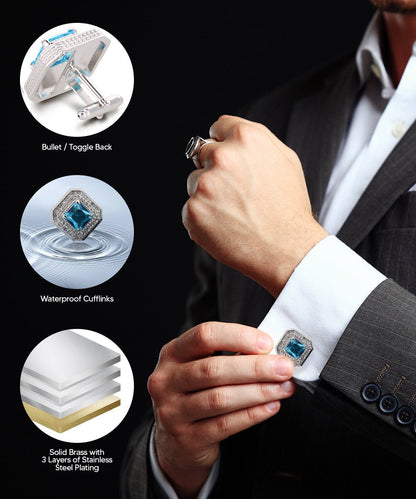 Vittorio Vico Men's Large Square Colorstone Crystal Diamond Set Cufflinks: CL71XX Series - Turquoise and Silver - Cufflinks - Vittorio Vico
