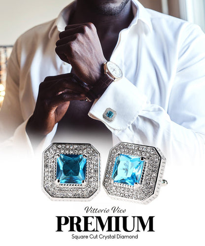 Vittorio Vico Men's Large Square Colorstone Crystal Diamond Set Cufflinks: CL71XX Series - Turquoise and Silver - Cufflinks - Vittorio Vico