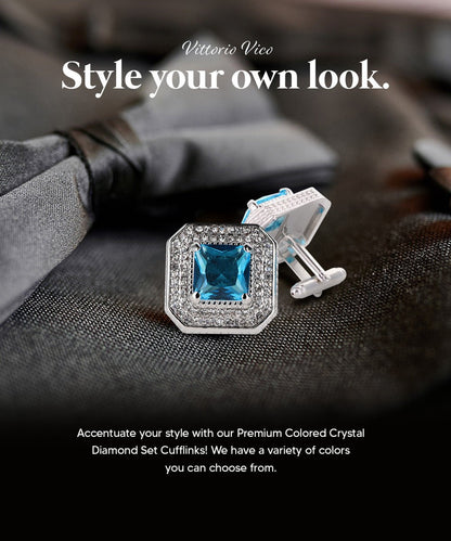Vittorio Vico Men's Large Square Colorstone Crystal Diamond Set Cufflinks: CL71XX Series - Turquoise and Silver - Cufflinks - Vittorio Vico