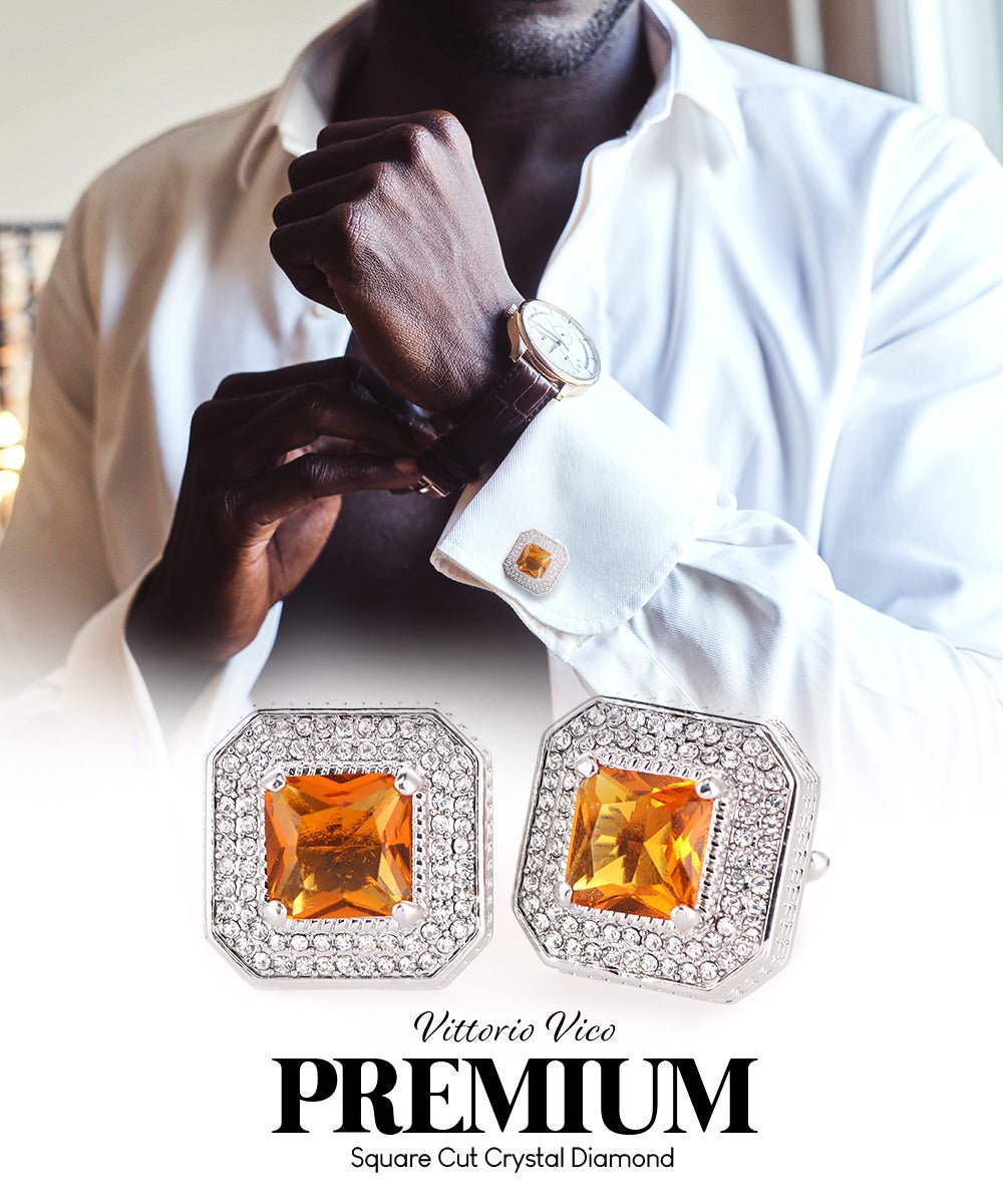 Vittorio Vico Men's Large Square Colorstone Crystal Diamond Set Cufflinks: CL71XX Series - Yellow and Silver - Cufflinks - Vittorio Vico