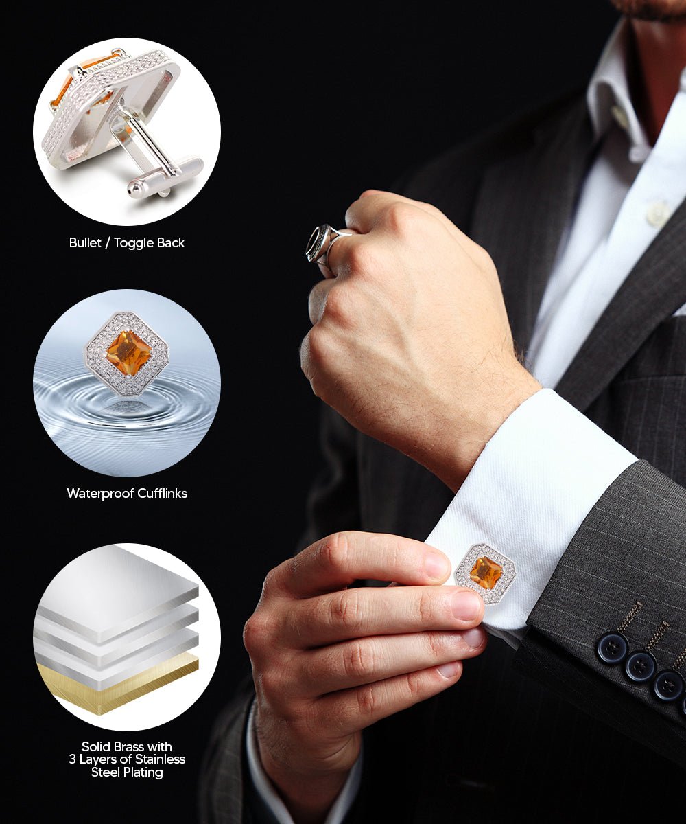 Vittorio Vico Men's Large Square Colorstone Crystal Diamond Set Cufflinks: CL71XX Series - Yellow and Silver - Cufflinks - Vittorio Vico