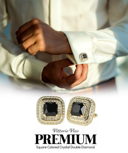 Vittorio Vico Men's Large Square Colorstone Crystal Double Diamond Set Cufflinks: CL75XX Series - Black and Gold - Cufflinks - Vittorio Vico