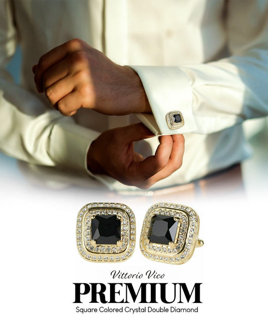 Vittorio Vico Men's Large Square Colorstone Crystal Double Diamond Set Cufflinks: CL75XX Series - Black and Gold - Cufflinks - Vittorio Vico