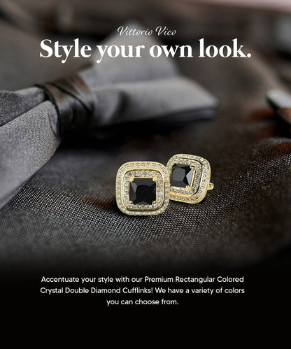 Vittorio Vico Men's Large Square Colorstone Crystal Double Diamond Set Cufflinks: CL75XX Series - Black and Gold - Cufflinks - Vittorio Vico