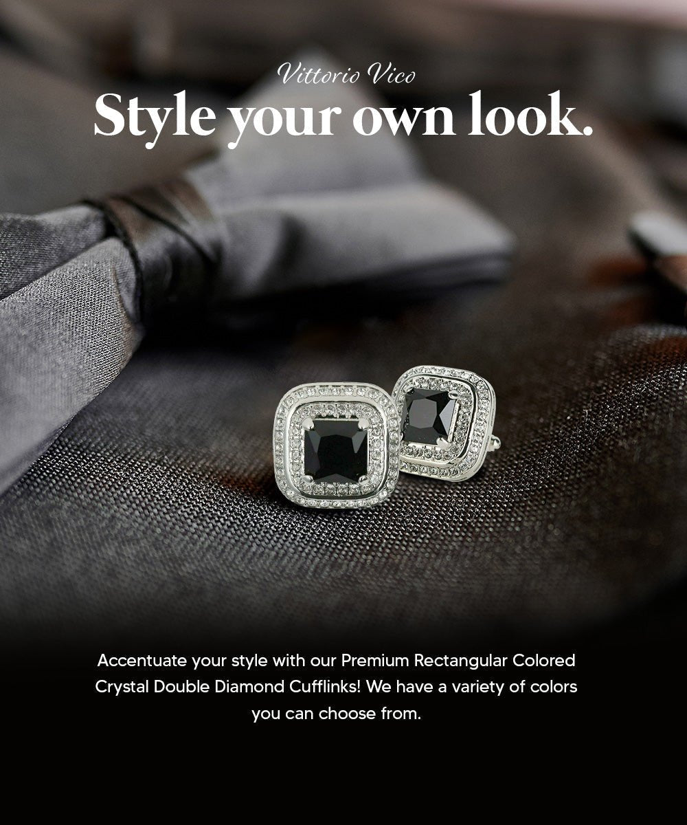 Vittorio Vico Men's Large Square Colorstone Crystal Double Diamond Set Cufflinks: CL75XX Series - Black and Silver - Cufflinks - Vittorio Vico