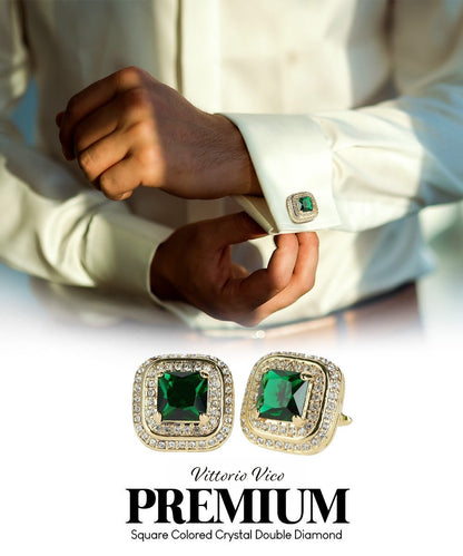 Vittorio Vico Men's Large Square Colorstone Crystal Double Diamond Set Cufflinks: CL75XX Series - Black and Silver - Cufflinks - Vittorio Vico