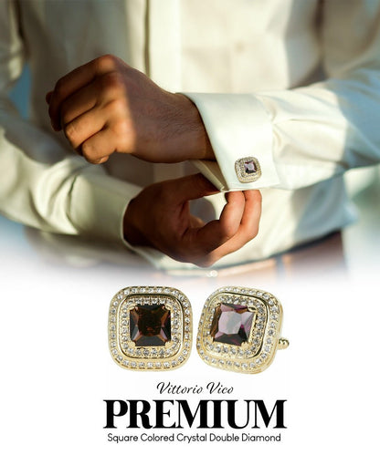 Vittorio Vico Men's Large Square Colorstone Crystal Double Diamond Set Cufflinks: CL75XX Series - Black and Silver - Cufflinks - Vittorio Vico