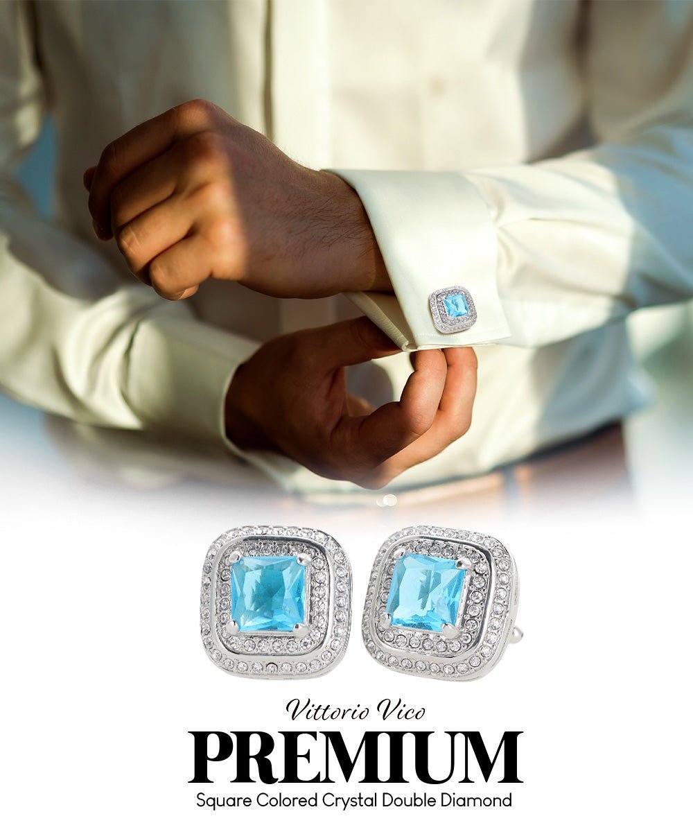 Vittorio Vico Men's Large Square Colorstone Crystal Double Diamond Set Cufflinks: CL75XX Series - Black and Silver - Cufflinks - Vittorio Vico