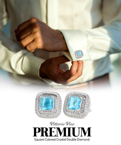Vittorio Vico Men's Large Square Colorstone Crystal Double Diamond Set Cufflinks: CL75XX Series - Black and Silver - Cufflinks - Vittorio Vico