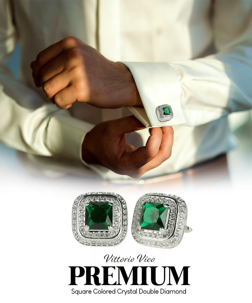 Vittorio Vico Men's Large Square Colorstone Crystal Double Diamond Set Cufflinks: CL75XX Series - Black and Silver - Cufflinks - Vittorio Vico