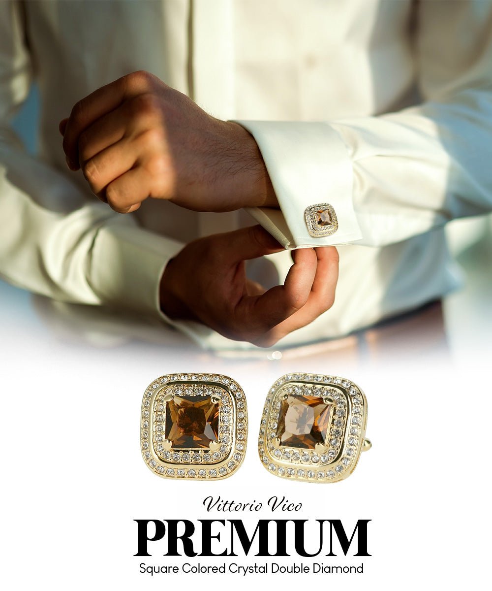 Vittorio Vico Men's Large Square Colorstone Crystal Double Diamond Set Cufflinks: CL75XX Series - Brown and Gold - Cufflinks - Vittorio Vico