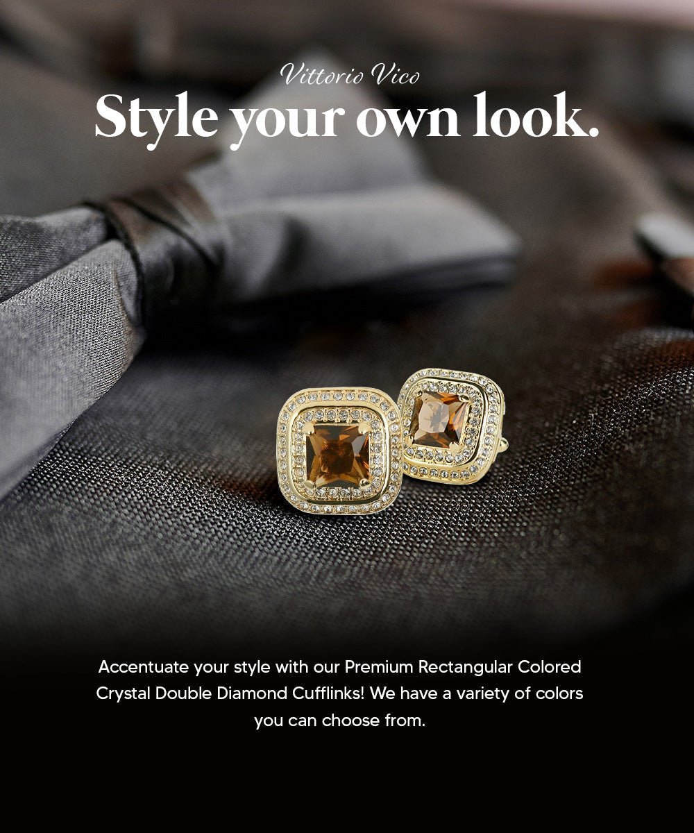 Vittorio Vico Men's Large Square Colorstone Crystal Double Diamond Set Cufflinks: CL75XX Series - Brown and Gold - Cufflinks - Vittorio Vico