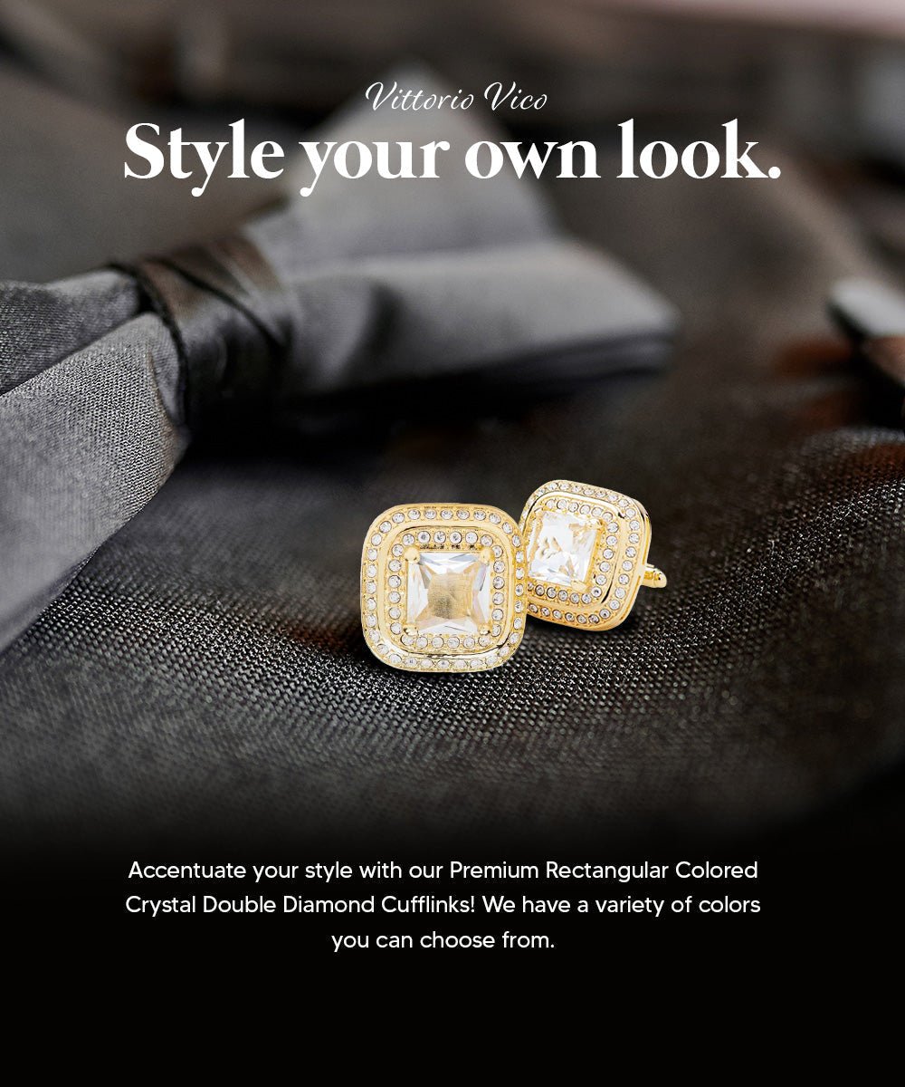 Vittorio Vico Men's Large Square Colorstone Crystal Double Diamond Set Cufflinks: CL75XX Series - Clear and Gold - Cufflinks - Vittorio Vico