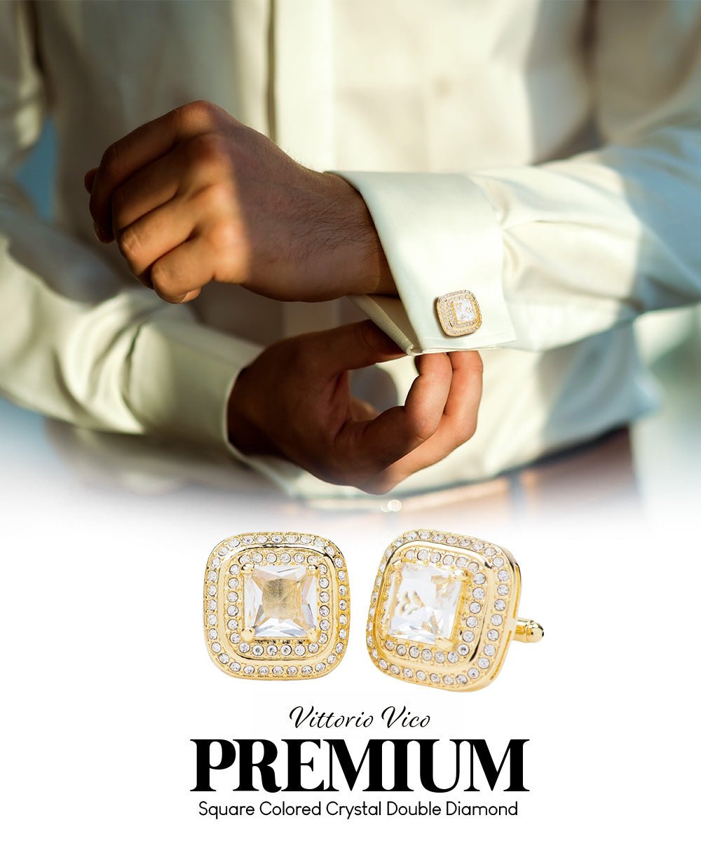 Vittorio Vico Men's Large Square Colorstone Crystal Double Diamond Set Cufflinks: CL75XX Series - Clear and Gold - Cufflinks - Vittorio Vico