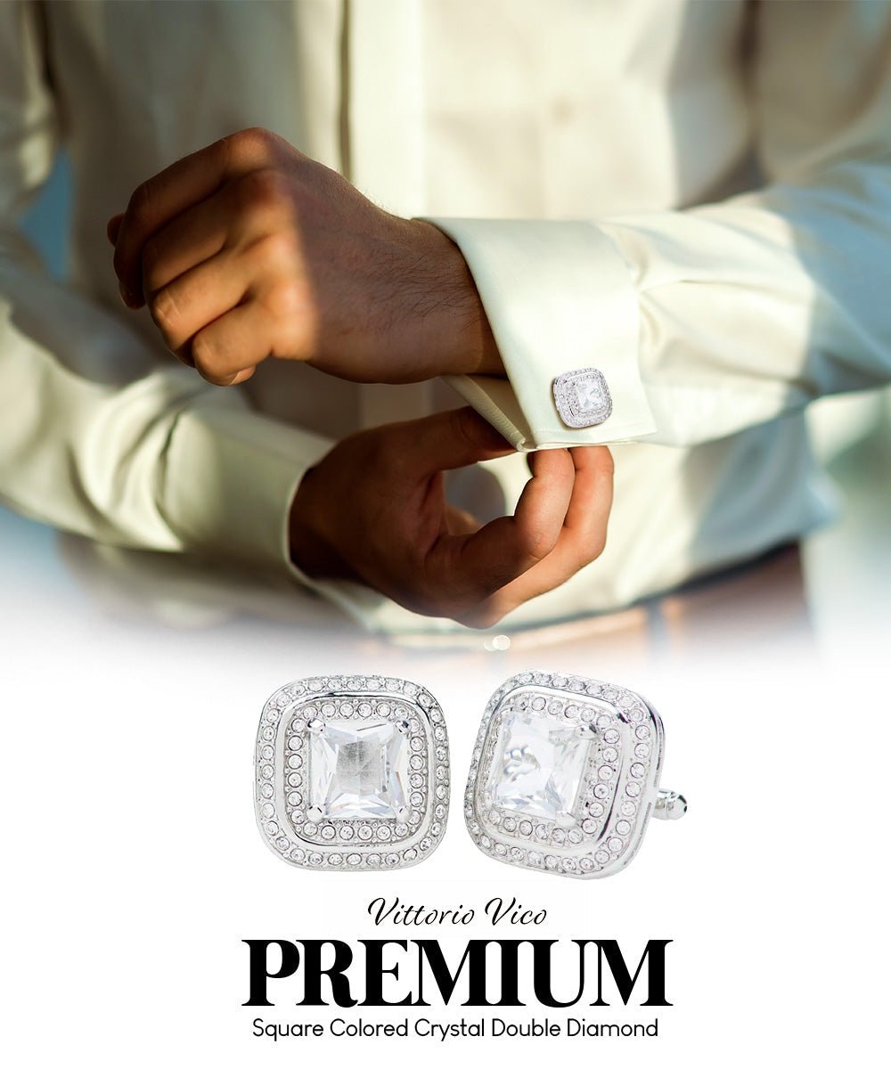 Vittorio Vico Men's Large Square Colorstone Crystal Double Diamond Set Cufflinks: CL75XX Series - Clear and Silver - Cufflinks - Vittorio Vico
