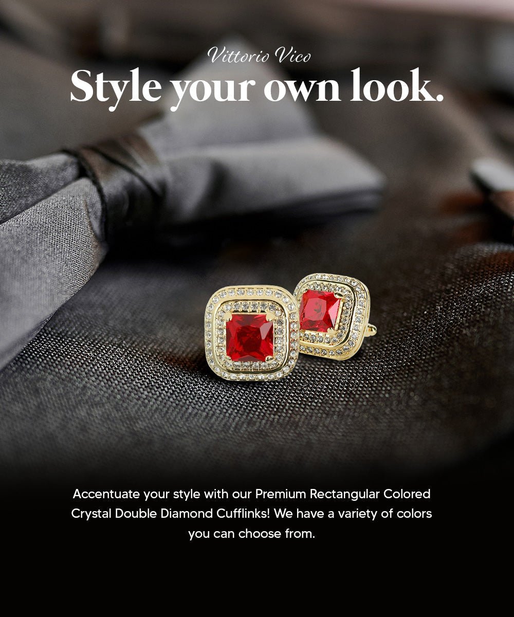 Vittorio Vico Men's Large Square Colorstone Crystal Double Diamond Set Cufflinks: CL75XX Series - Deep Red and Gold - Cufflinks - Vittorio Vico