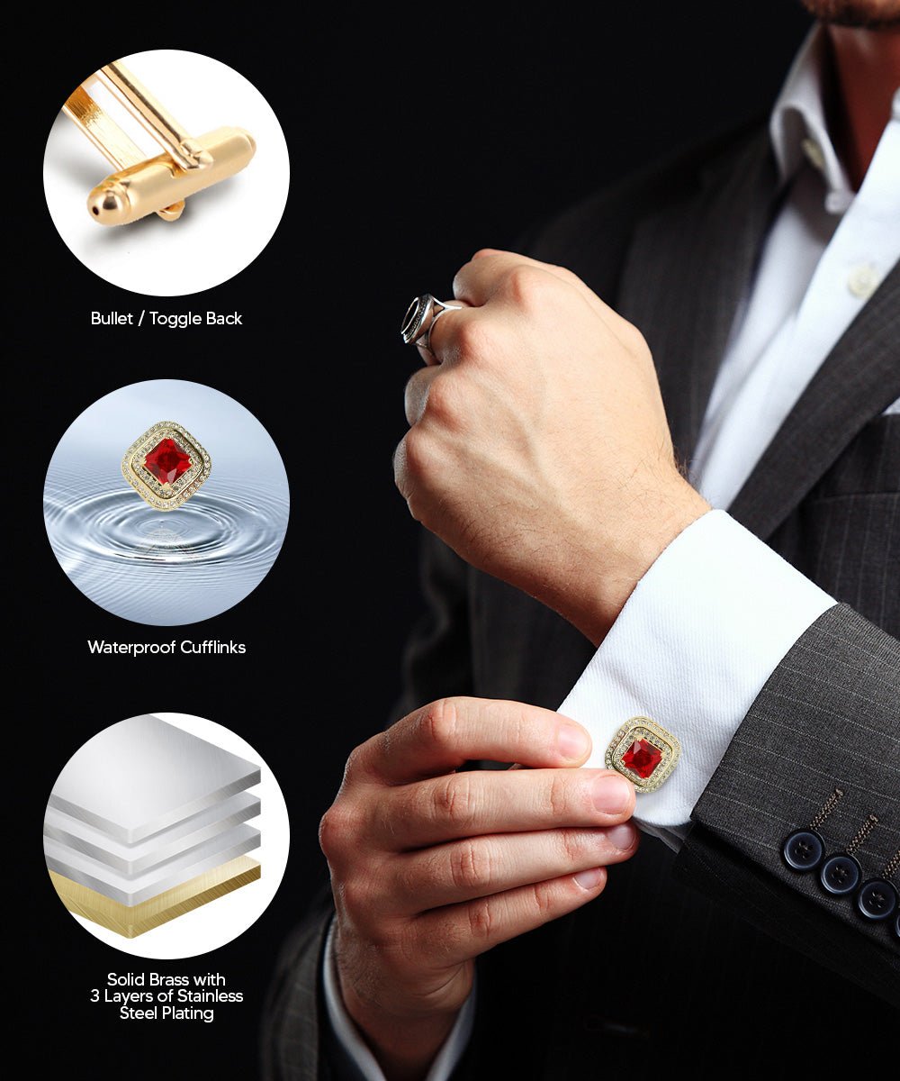 Vittorio Vico Men's Large Square Colorstone Crystal Double Diamond Set Cufflinks: CL75XX Series - Deep Red and Gold - Cufflinks - Vittorio Vico