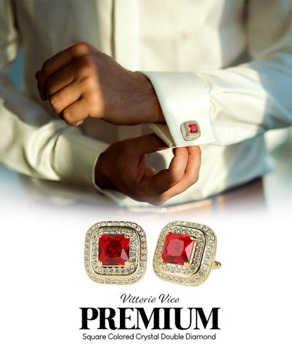 Vittorio Vico Men's Large Square Colorstone Crystal Double Diamond Set Cufflinks: CL75XX Series - Deep Red and Gold - Cufflinks - Vittorio Vico