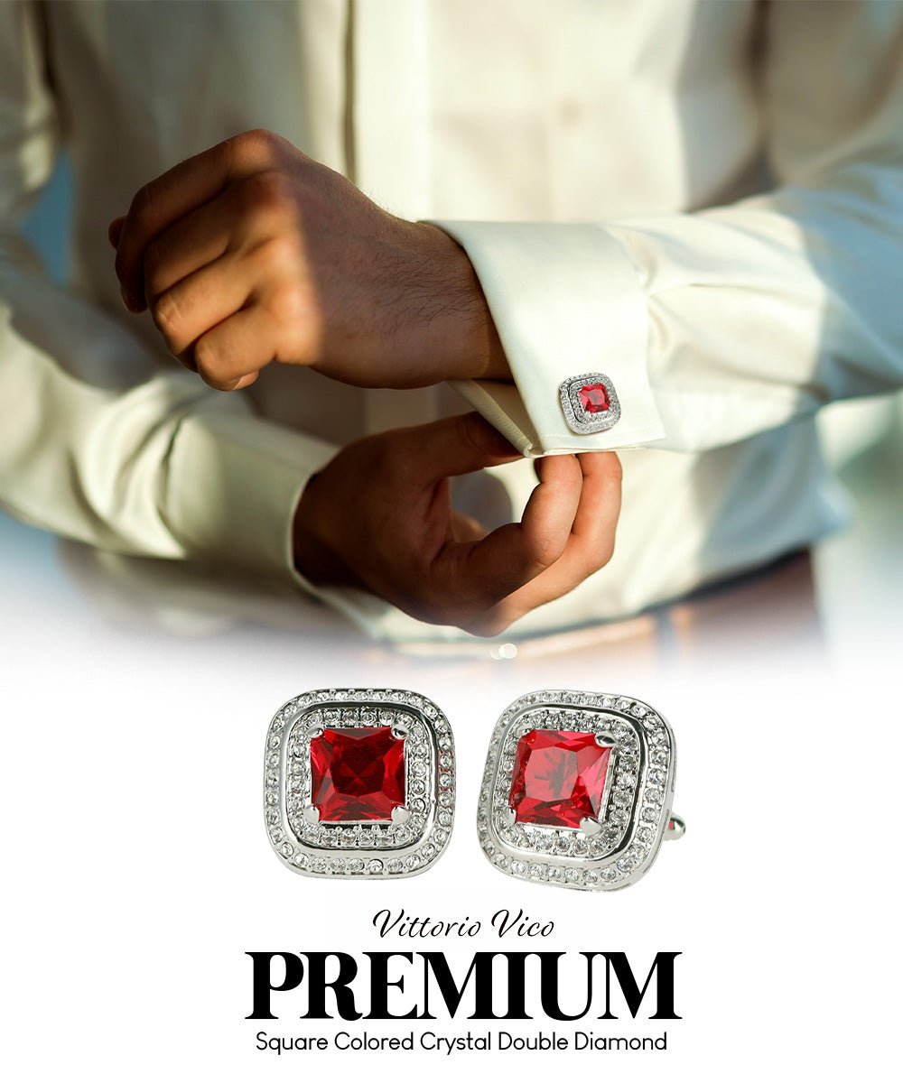 Vittorio Vico Men's Large Square Colorstone Crystal Double Diamond Set Cufflinks: CL75XX Series - Deep Red and Silver - Cufflinks - Vittorio Vico