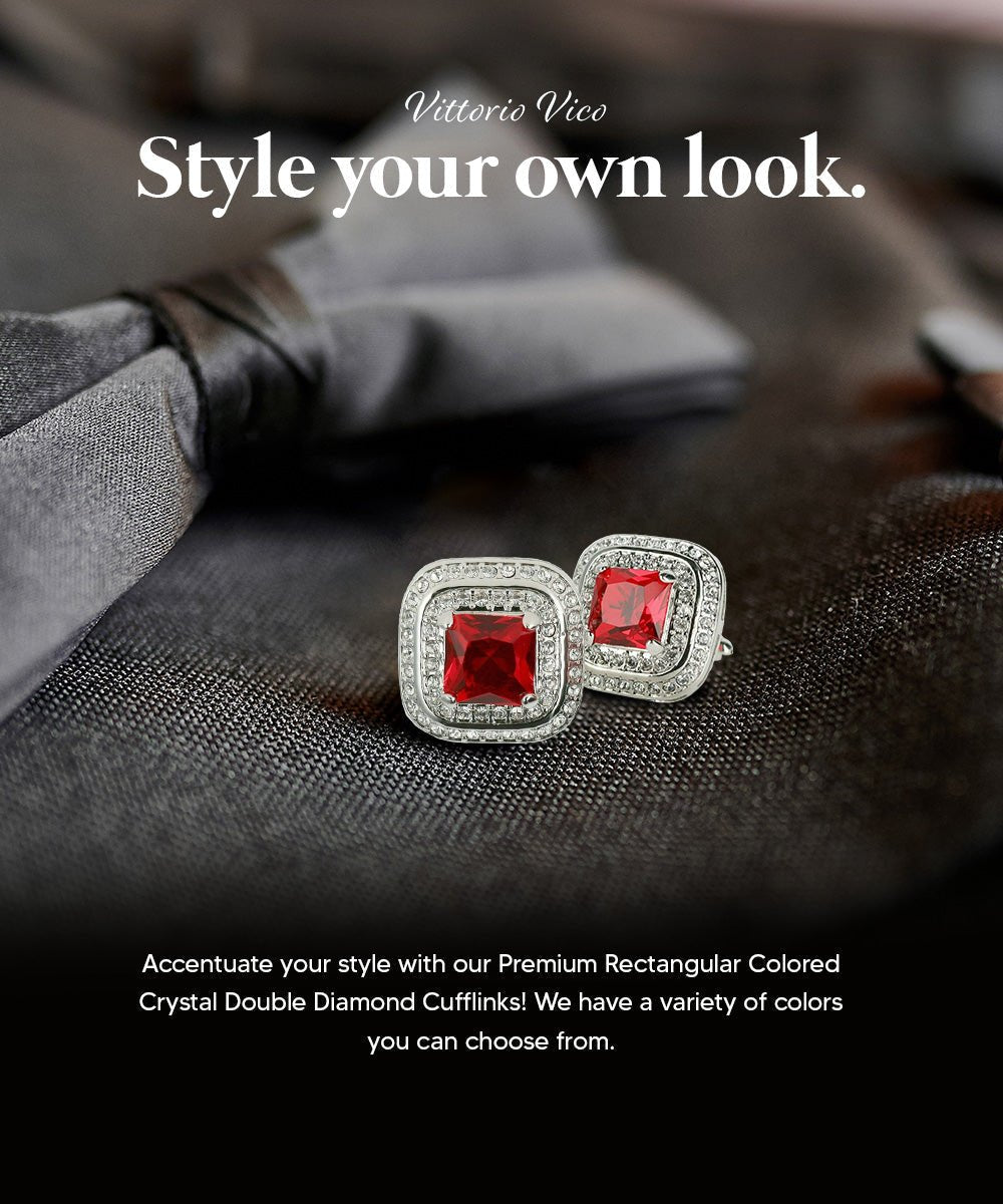 Vittorio Vico Men's Large Square Colorstone Crystal Double Diamond Set Cufflinks: CL75XX Series - Deep Red and Silver - Cufflinks - Vittorio Vico