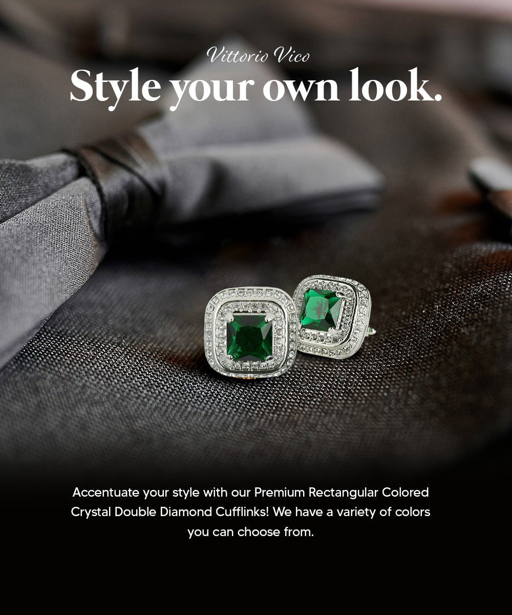 Vittorio Vico Men's Large Square Colorstone Crystal Double Diamond Set Cufflinks: CL75XX Series - Emerald Green and Silver - Cufflinks - Vittorio Vico