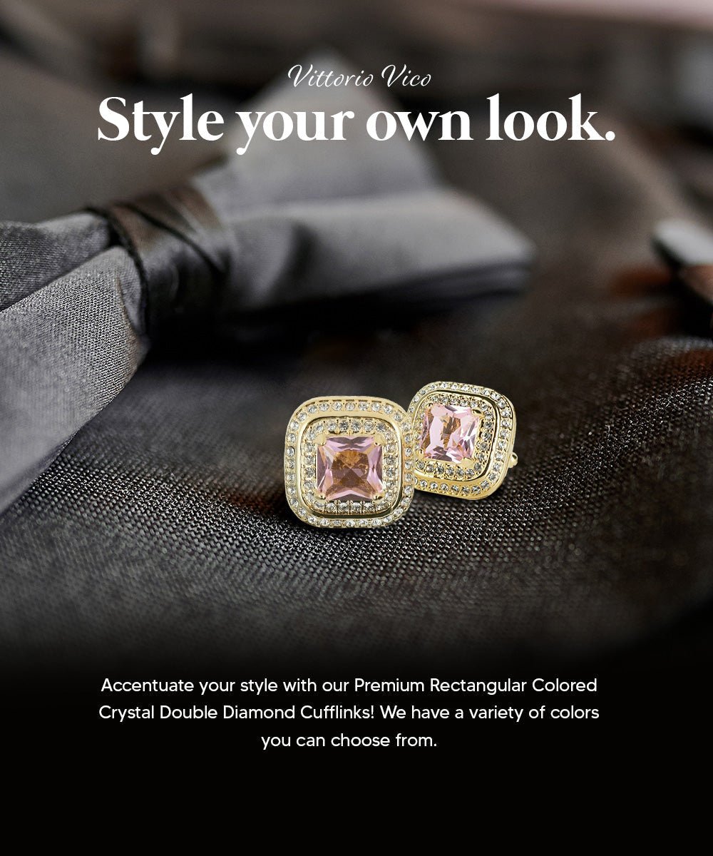Vittorio Vico Men's Large Square Colorstone Crystal Double Diamond Set Cufflinks: CL75XX Series - Pink and Gold - Cufflinks - Vittorio Vico