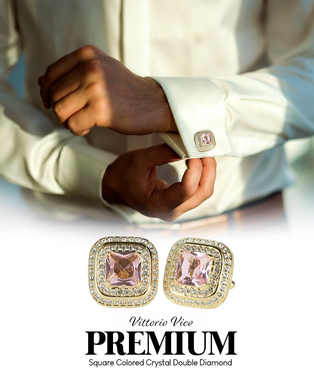 Vittorio Vico Men's Large Square Colorstone Crystal Double Diamond Set Cufflinks: CL75XX Series - Pink and Gold - Cufflinks - Vittorio Vico