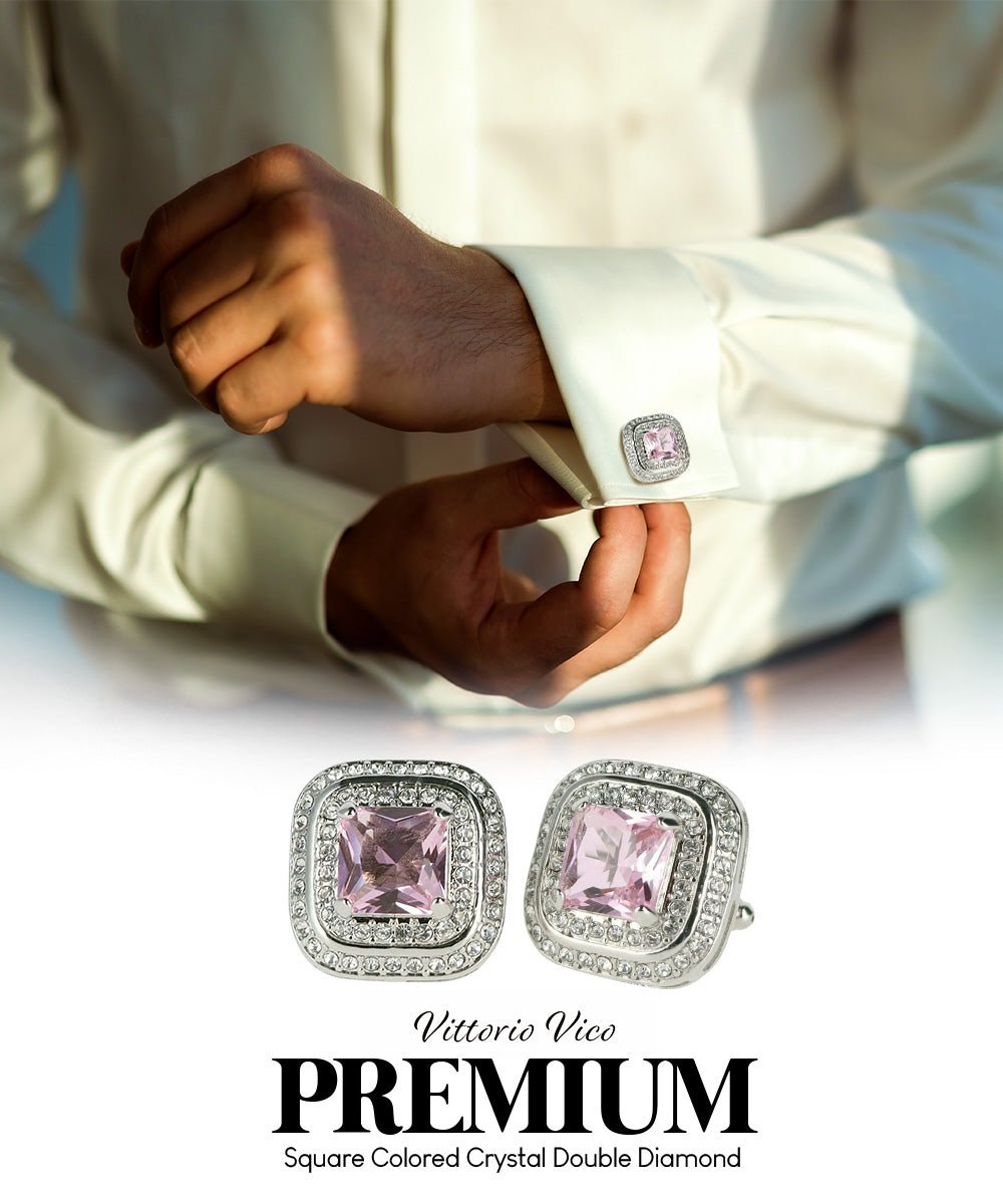 Vittorio Vico Men's Large Square Colorstone Crystal Double Diamond Set Cufflinks: CL75XX Series - Pink and Silver - Cufflinks - Vittorio Vico