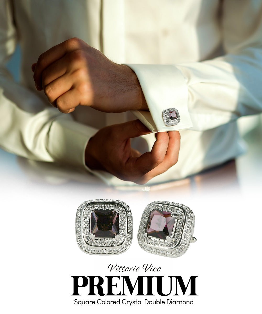 Vittorio Vico Men's Large Square Colorstone Crystal Double Diamond Set Cufflinks: CL75XX Series - Purple and Silver - Cufflinks - Vittorio Vico