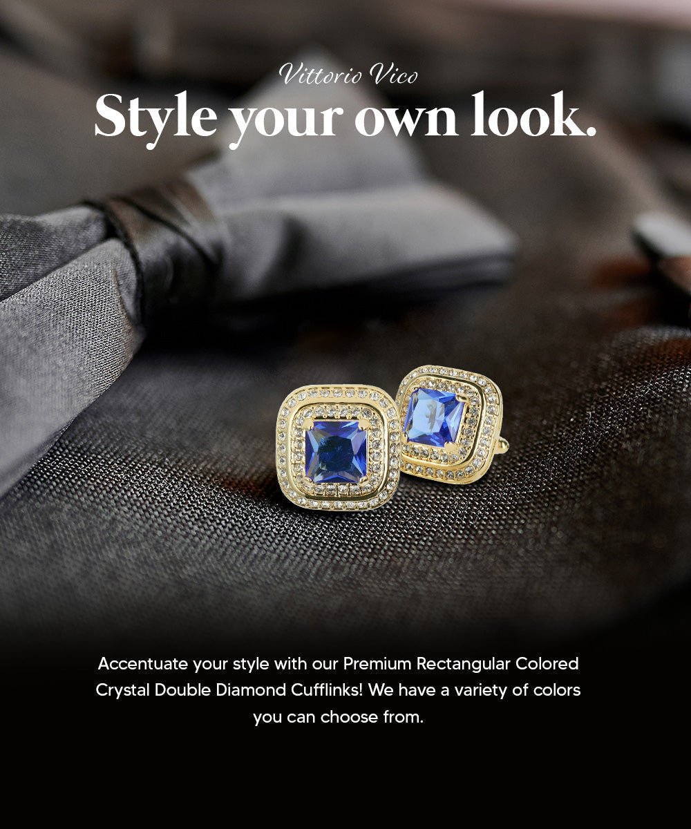 Vittorio Vico Men's Large Square Colorstone Crystal Double Diamond Set Cufflinks: CL75XX Series - Royal Blue and Gold - Cufflinks - Vittorio Vico