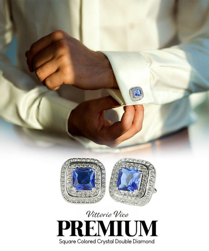 Vittorio Vico Men's Large Square Colorstone Crystal Double Diamond Set Cufflinks: CL75XX Series - Royal Blue and Silver - Cufflinks - Vittorio Vico