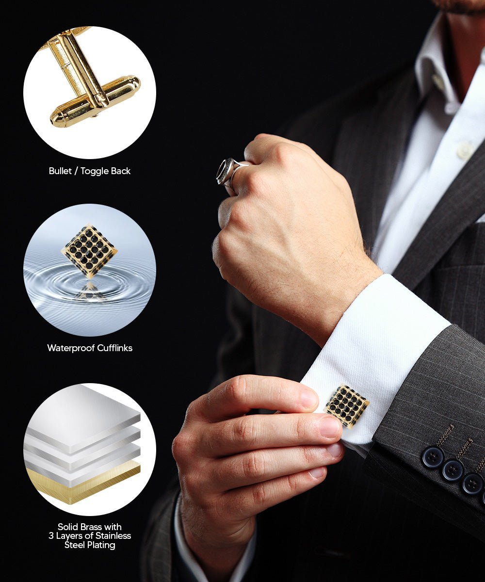 Vittorio Vico Men's Large Square Studded Colored Crystal Cufflinks: CL76XX Series - Black and Gold - Cufflinks - Vittorio Vico